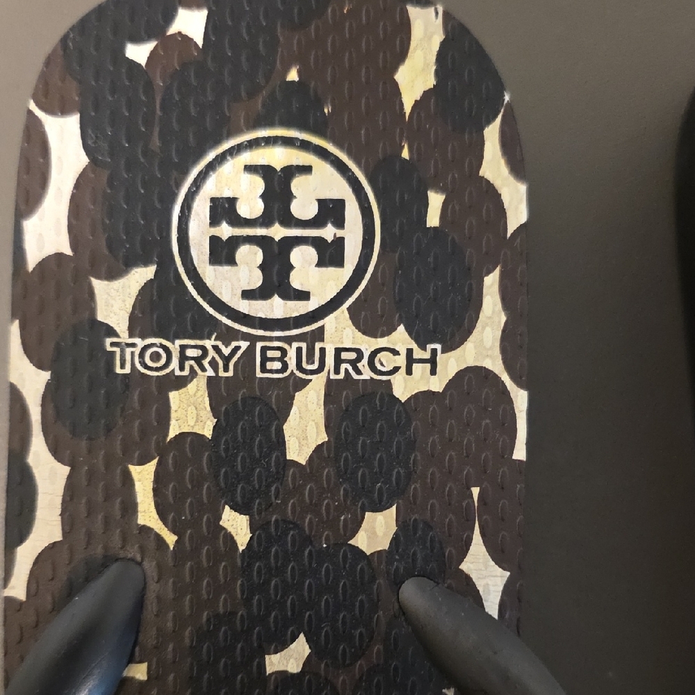 Tory Burch Black, Brown & Cream Leopard-Print Logo Flip Flop - Picture 2 of 6